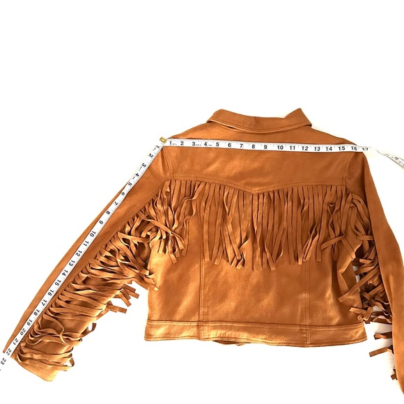 FAUX SUEDE FRINGE ASYMMETRICAL MOTO JACKET IN COGNAC BROWNISH-ORANGE Sz. LG/XL - Picture 11 of 12